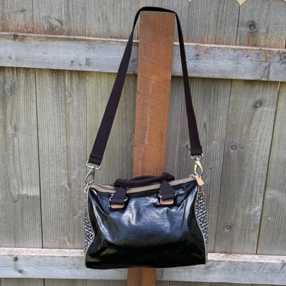 Fossil Key-Per Black‎ Coated Canvas Satchel Geometric Print Crossbody Bag